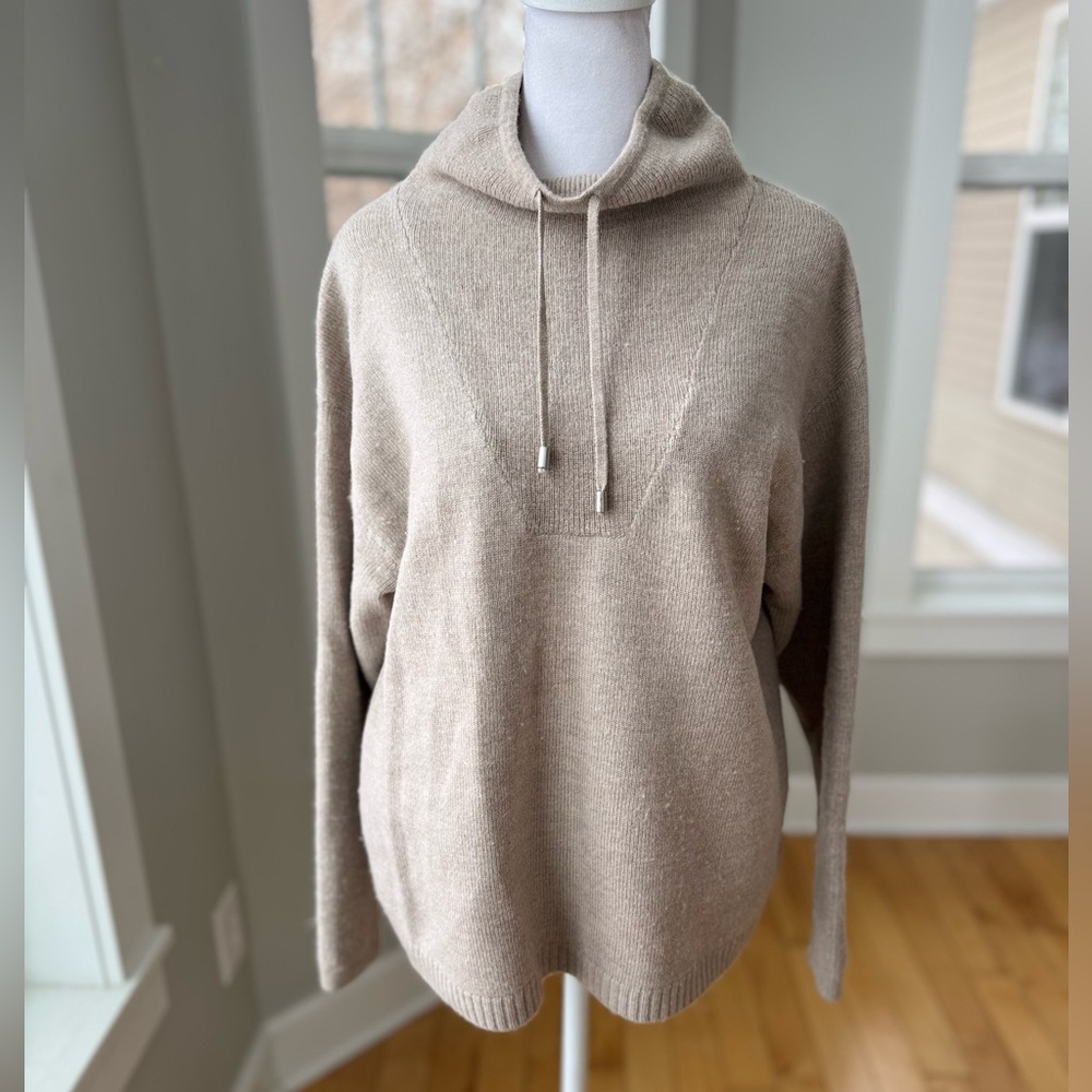 Halston Taupe Oatmeal Merino Wool Drawstring Mockneck Sweater Size Small